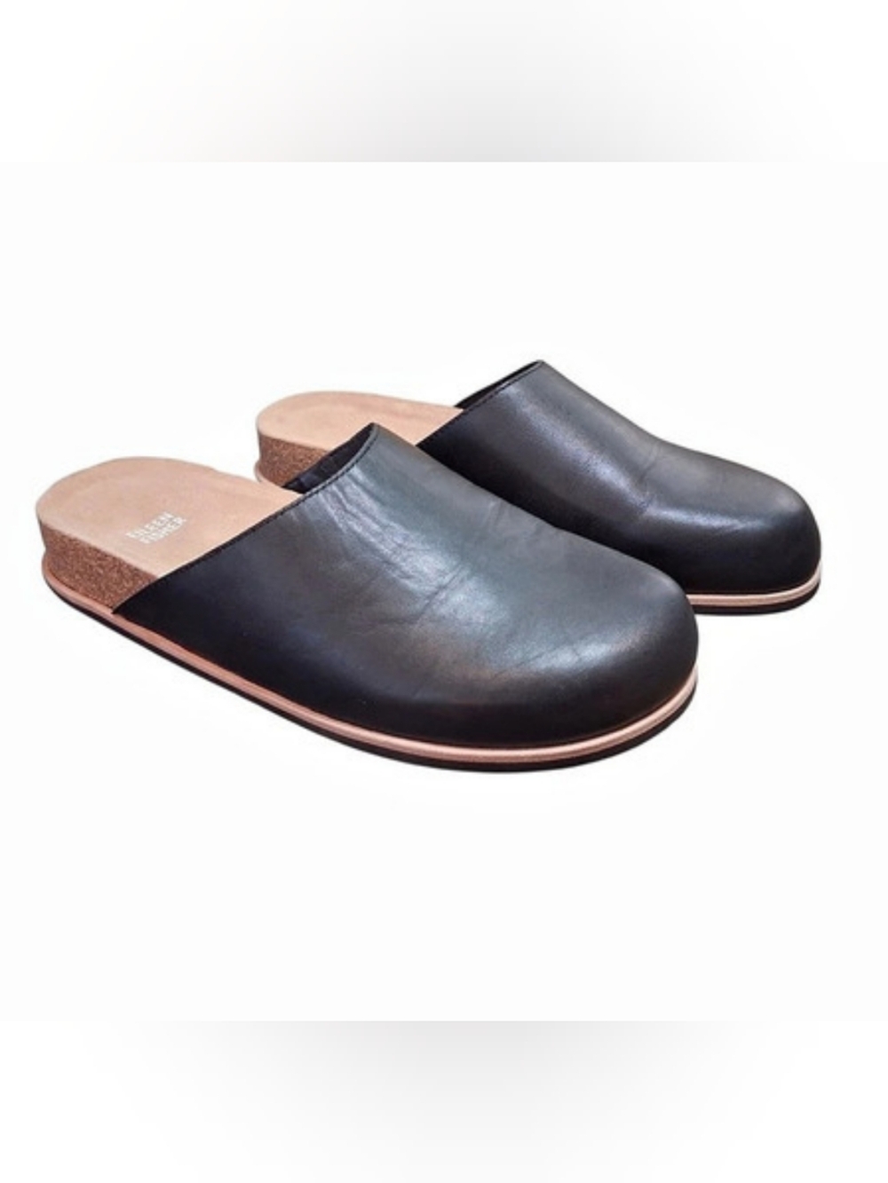 Eileen Fisher Bios Black Leather Cork Trim Mules 9.5